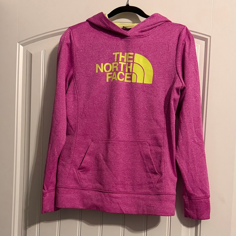 The North Face Magenta Hoodie with Yellow Logo